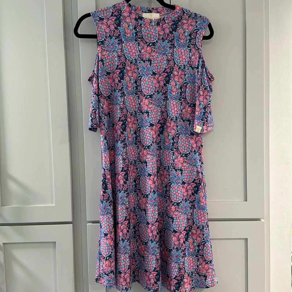 Simply Southern Pink Blue Pineapple Print Cold Shoulder A-Line Dress w/ Pockets